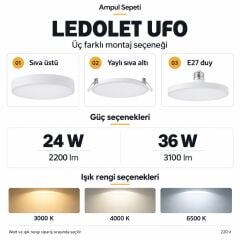 Ledolet 24W-36W 3in1 E27 Duylu Sıva Üstü ve Yaylı Ledli UFO Armatür